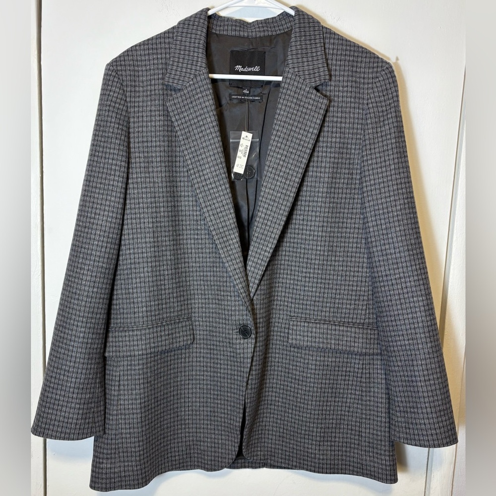 Madewell The Mercer Relaxed Checked Wool Blend Blazer Size L Blue Brown Plaid - Picture 4 of 8
